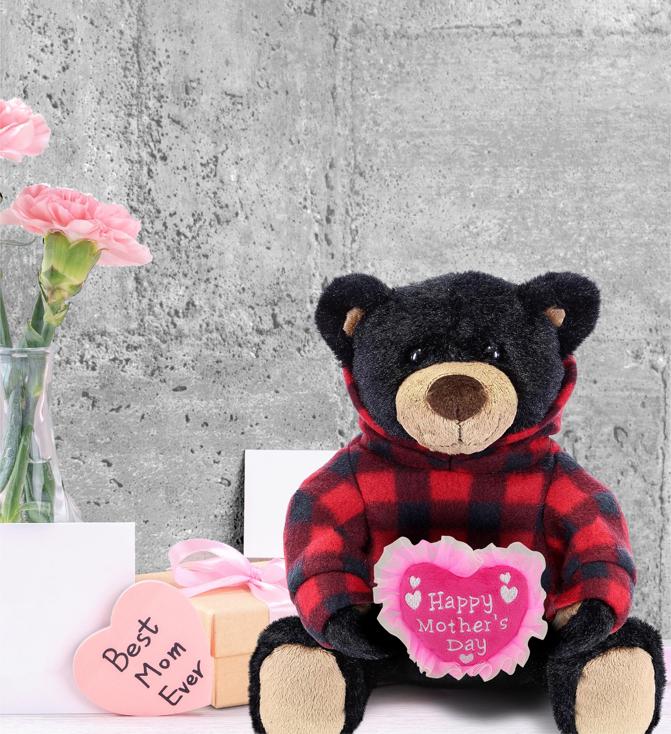 DolliBu Happy Mother's Day Super Soft Plush Black Bear With Red Plaid Hoodie - Cute Stuffed Animal with Pink Heart Message for Best Mommy, Grandma, Wife, Daughter, Wild Life Plush Toy Gift - 10 Inches