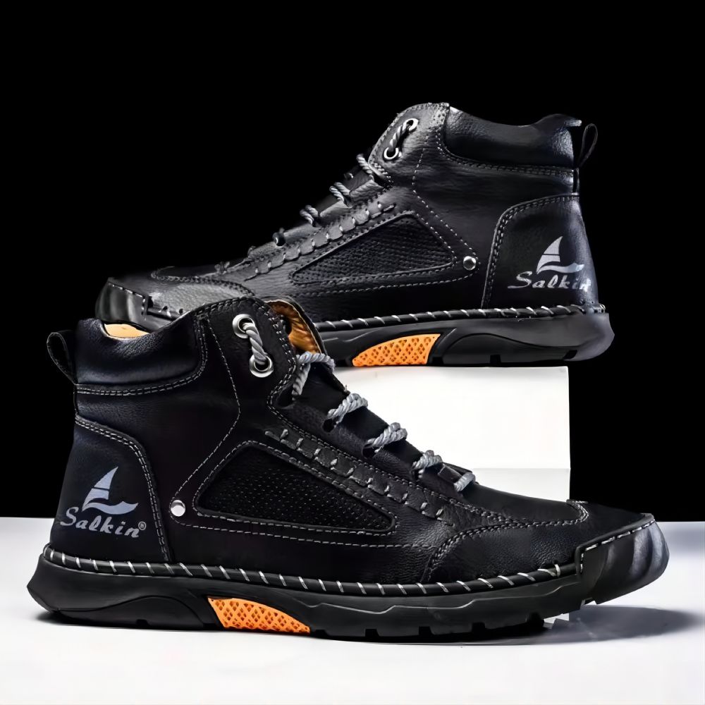 Men's Casual Leather Boots Handmade Lightweight Breathable Anti-slip Impact-resistant Sneakers Chukka Hiking Loafers Shoes Black 7.5 US