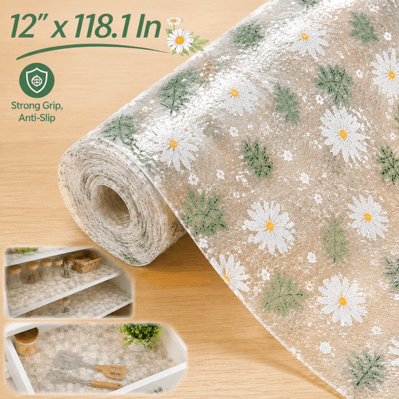 11.8"×118.1" Green Daisy Shelf Liner, 350g - Durable Non-Slip Liner for Kitchen Cabinets, Waterproof Shelf, Drawers & Shelves, No Slip Cupboard Mats Non Adhesive EVA Place Mats Roll