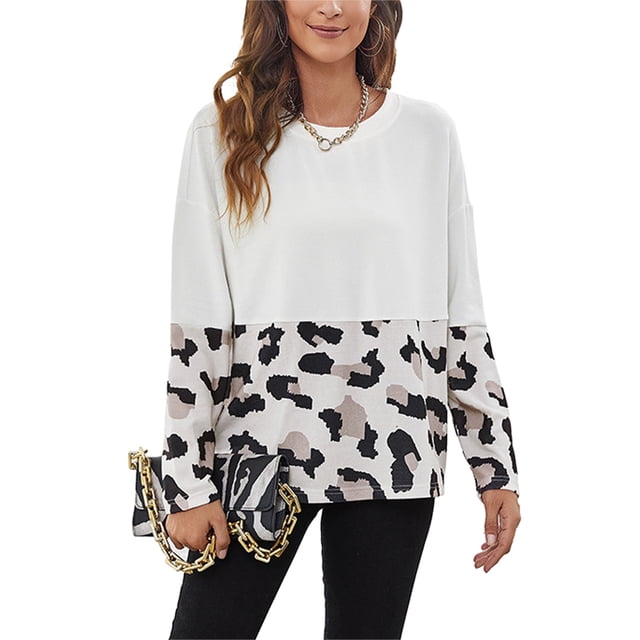 Blusa estampada de cuello redondo y manga larga blanca para mujer, talla M, estilo casual, sencilla y a la moda