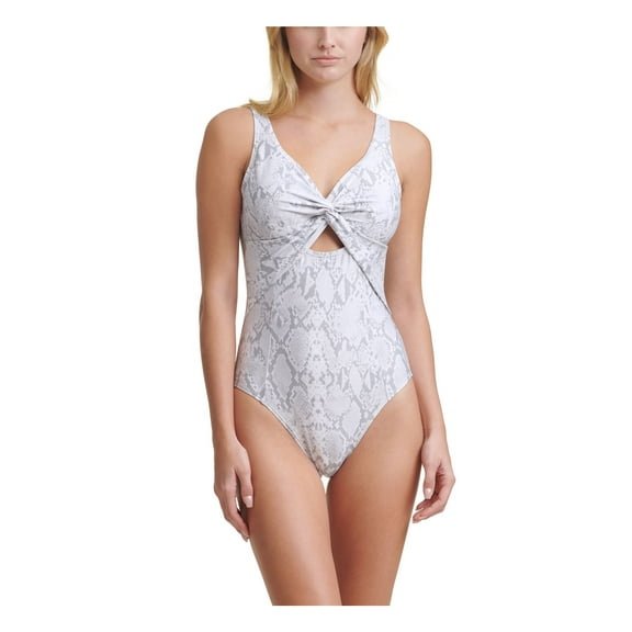 DKNY Women's White Snake Print Stretch REMOVABLE CUPS Deep V Neck Moderate Coverage One Piece Swimsuit 10
