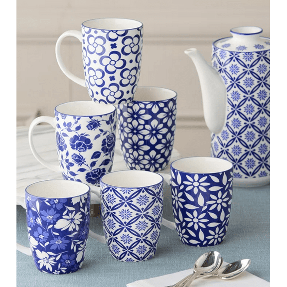 Madison 14 oz Blue and White Floral Geometric Porcelain Mugs Set of 6