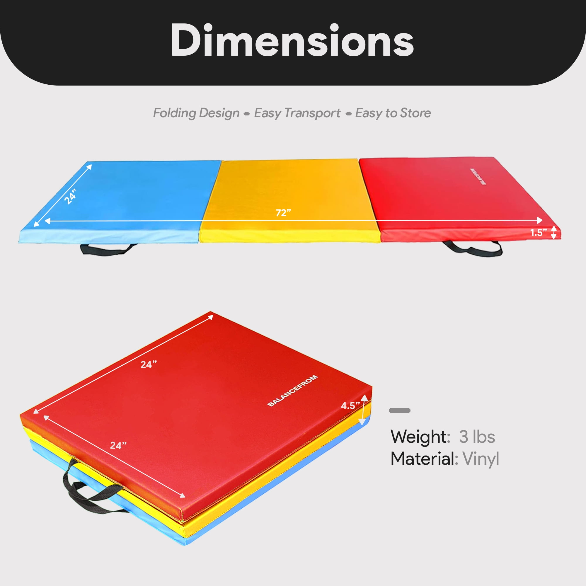 BalanceFrom 6 Ft. x 2 Ft. x 1.5 In. Three-Fold High Density Foam Folding Exercise Mat with Carrying Handles for MMA, Gymnastics and Home Gym, Multi-color