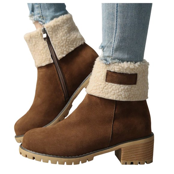 Pandaie Winter Boots for Women Mid Chunky Heel Snow Ankle Booties Comfortable Slip on Suede Warm Outdoor Shoes with Side Zipper Coffee 8