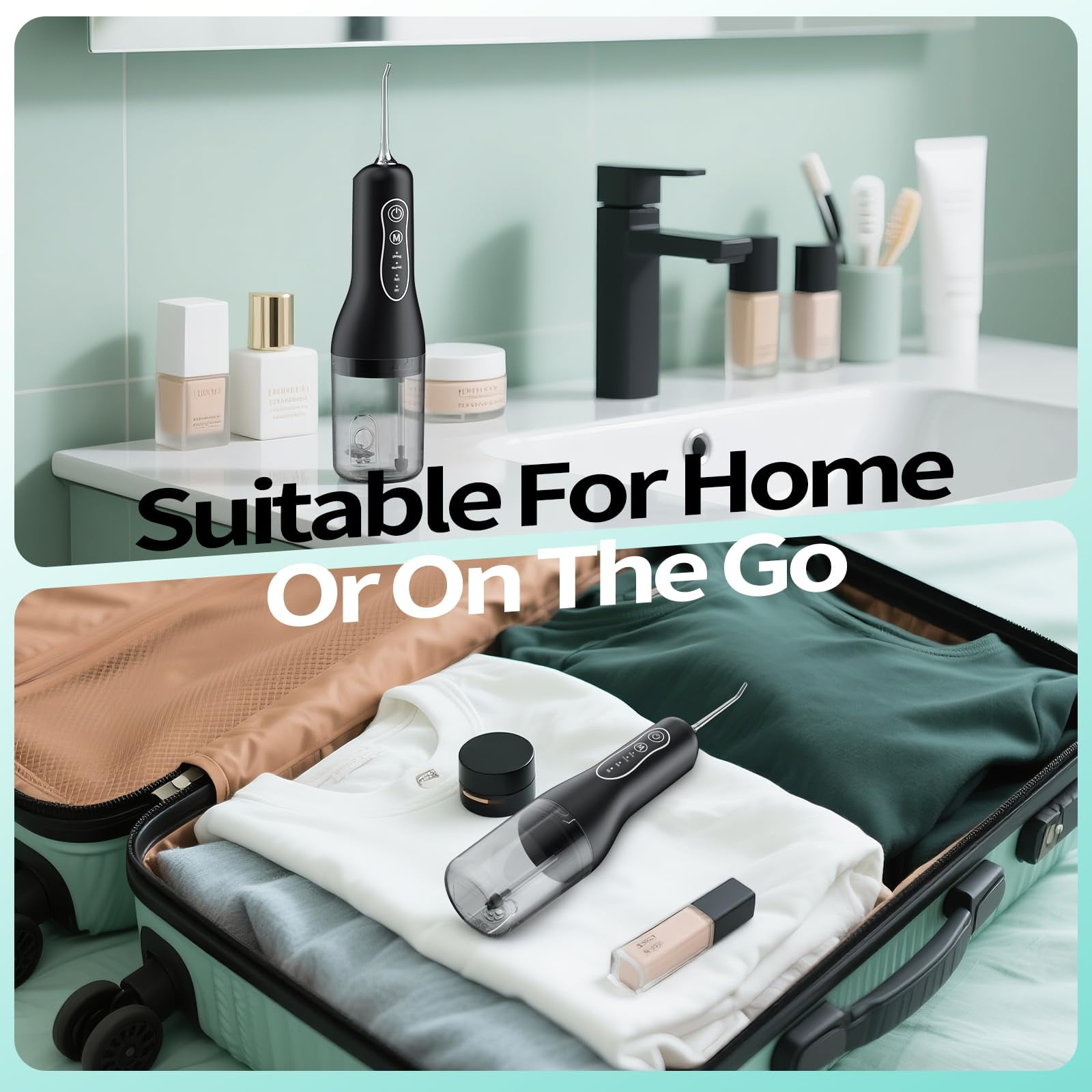 OasiSmile Water Flossers for Teeth Braces Care, Portable Cordless Travel Dental Floss 4 Modes 260ML Rechargeable Oral Irrigator with 5 Jet Tips, Black