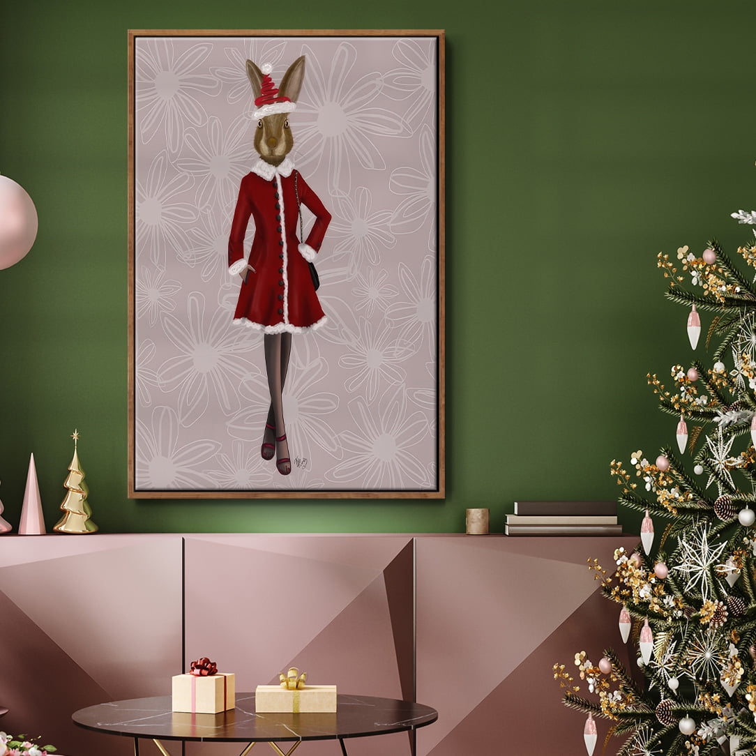 Christmas Christmas Fashion Bunny - Framed Gallery Wrapped Holiday Canvas - 25 x 37 - Rosewood Frame