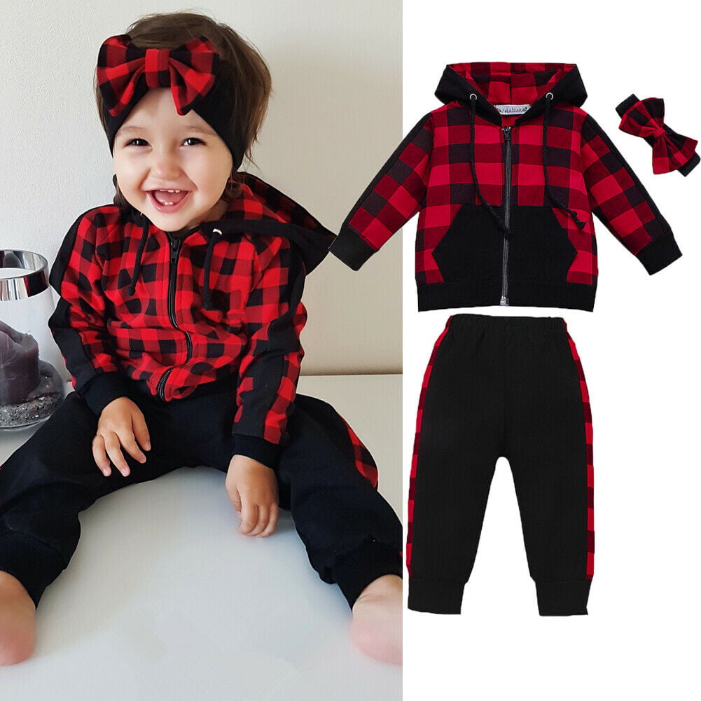 Calsunbaby Toddler Baby Girl Winter Clothes Plaid Zipper Coat Top+Long Pants Outfit 3PCS