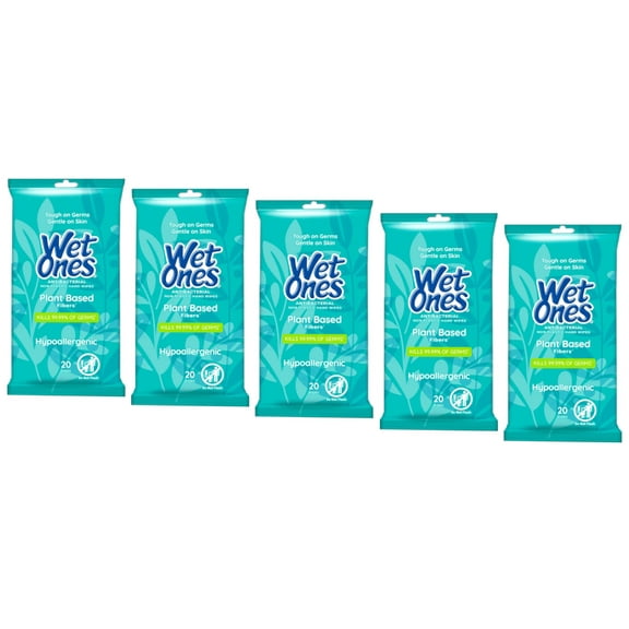 Wet Ones Antibacterial Plant Based Fiber Hypoallergenic Hand Wipes, 20 Count - Pack of 5