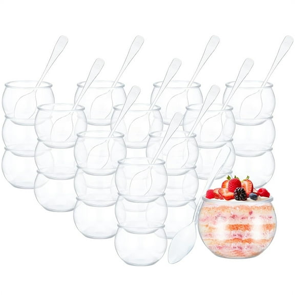 NOGIS 20 Pcs 2 oz Sphere Plastic Dessert Cups Mini Dessert Cups with Spoons Disposable Round Appetizer Bowls Clear Parfait Bowls Small Plastic Glass for Salad Wedding Birthday Party Serving