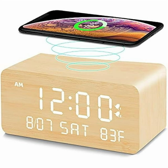 wonima02 Wooden Digital Alarm Clock with Wireless Charging, 0-100% Adjustable Brightness Dimmer and Alarm Volume, Weekday/Weekend Mode, Dual Alarm, Snooze, 12/24H, Wood LED Clock for Bedroom (Bamboo)
