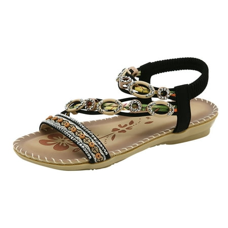 

SEMIMAY Summer Fashion Women Casual Open Toe Flat Rhinestone Comfortable Soft Bottom Breathable Elastic Band Shoes Sandals