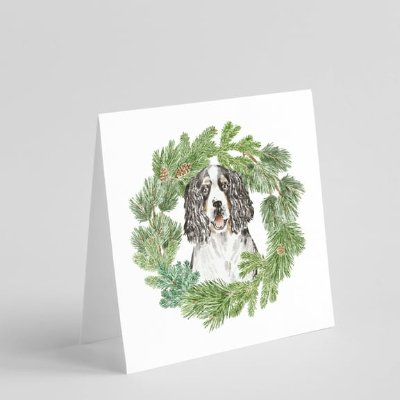 English Springer Spaniel Tricolor with Christmas Wreath Square Greeting Cards and Envelopes Pack of 8 5 in x 5 in