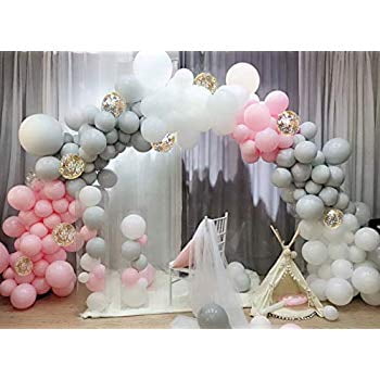 pink and grey balloon arch