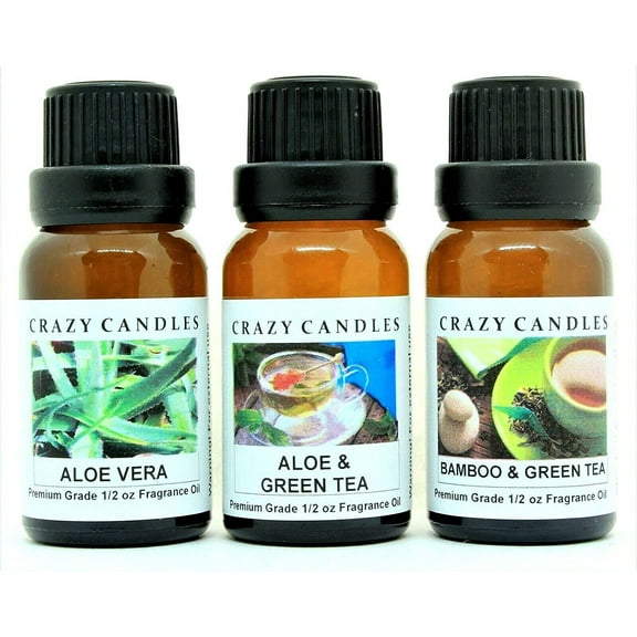 Crazy Candles 3 Bottles Set, 1 Aloe Vera, 1 Aloe & Green Tea, 1 Bamboo & Green Tea 1/2 Fl Oz Each (15ml) Premium Grade Scented Fragrance Oils