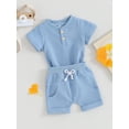 thumbnail image 4 of Musuos Baby Boy Summer Clothes 3 6 9 12M Solid Color Waffle Short Sleeve Button Romper with Shorts 2Pcs Outfit, 4 of 10