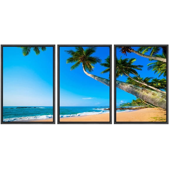 wall26 Framed Canvas Print Wall Art Set Palm Tree Ocean Island Tropical Beach Nature Wilderness Photography Realism Rustic Landscape Colorful for Living Room, Bedroom, Office - 16"x24"x3 Bl