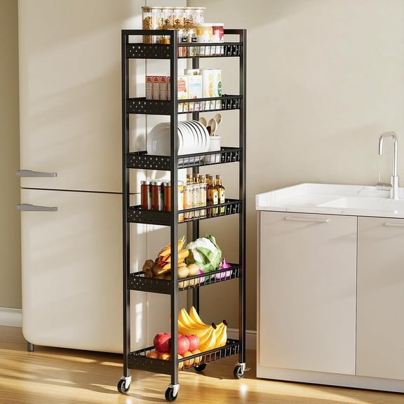 Kssiaz 6 Tier Slim Storage Cart, Narrow Rolling Cart with Wheels, Narrow Mobile Utility Shelf Unit Organizer for Kitchen Bathroom Living Room,10in(W), Black