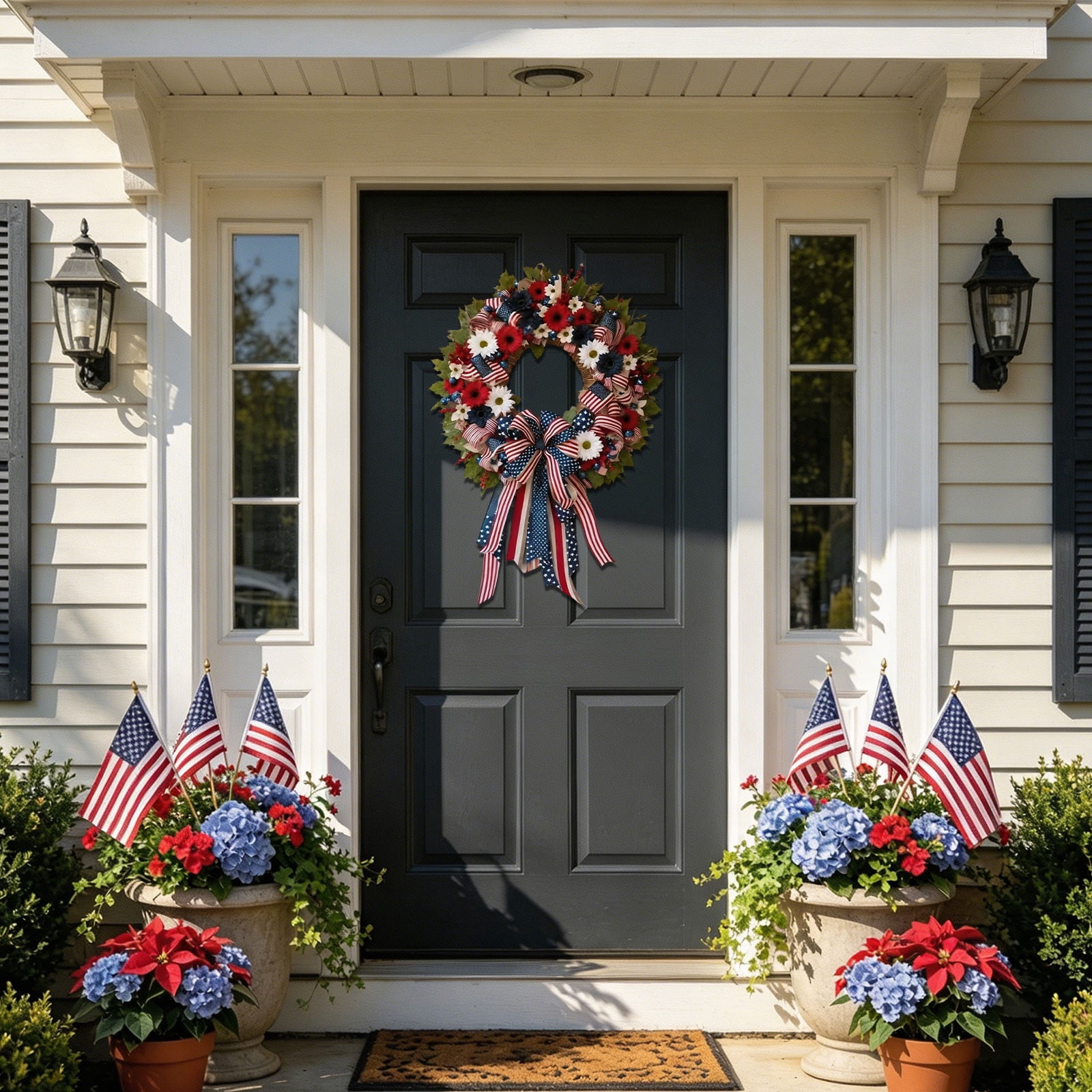 Leutsin Patriotic Wreath for Front Door, Red White Blue Floral American Flag Wreath with Ribbon Bow, 4th of July Wreath for Independence Day 250th Anniversary Home Wall Window Porch Decor