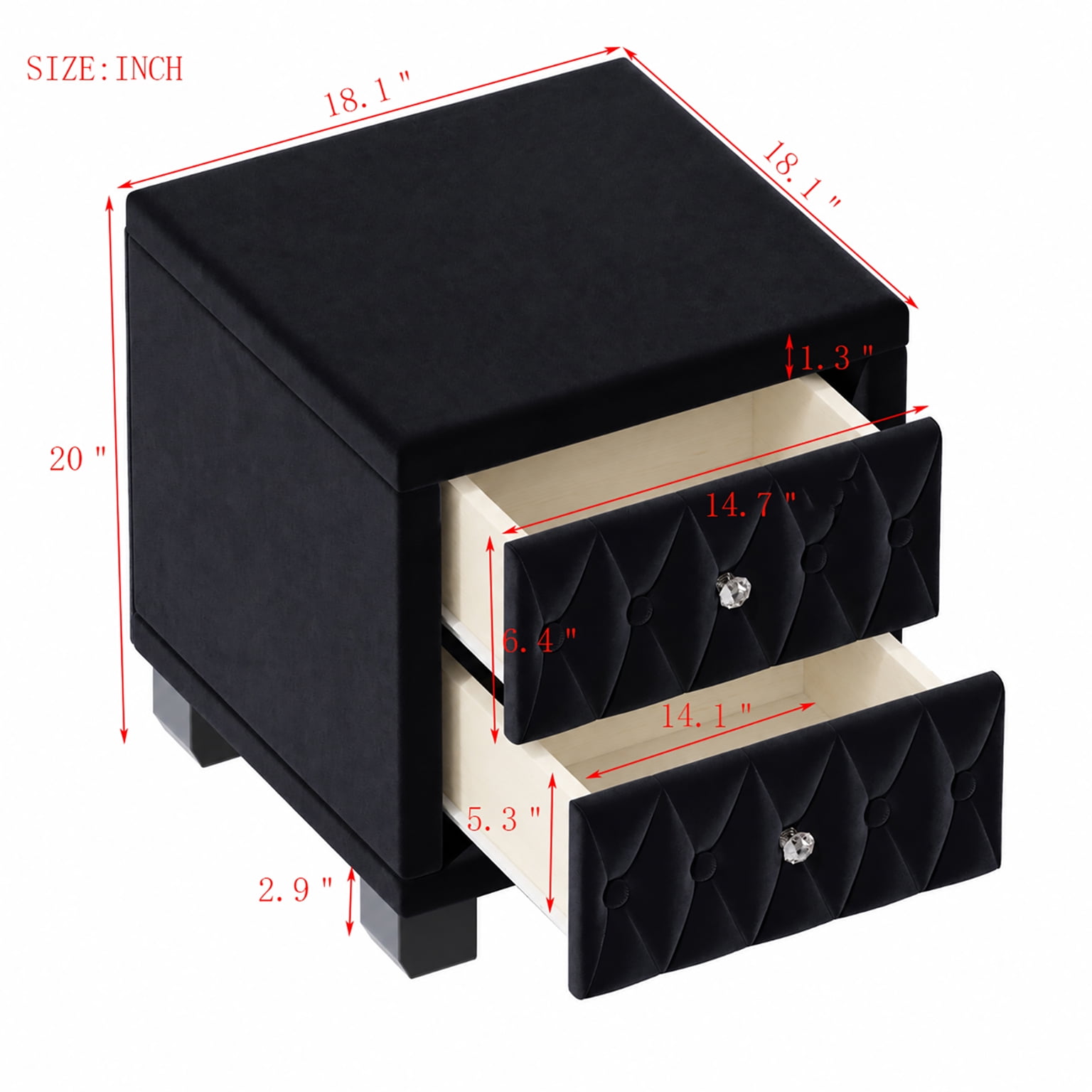 Aukfa Velvet 2-Drawer Nightstand with Crystal Knob Handles, Button-Tufted Bedside Table for Bedroom/Living Room,Black