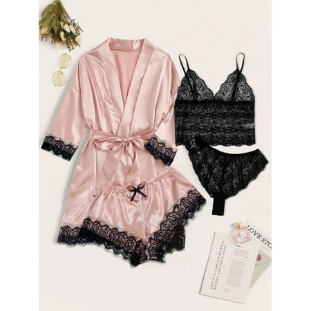 Pink Lace Lingerie Sexy Sleepwear With Silk Belted Robe