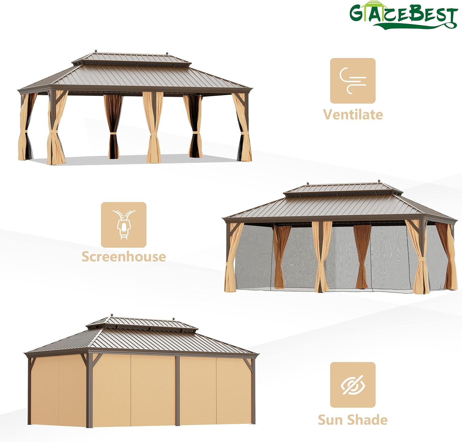 GAZEBETER 12 ft x 20 ft Hardtop Gazebo, Galvanized Steel Double Roof