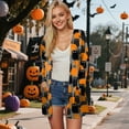 thumbnail image 2 of idosla Womens Fashion Halloween Long Sleeve Cardigan Fall Open Front Cardigan Pumpkin Print Medium Length Coat (Grey, XXL), 2 of 9
