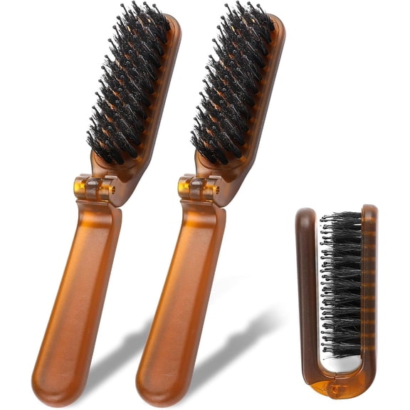 OPALESQUE 2 Pack Travel Folding Mini Boar Bristle Brush, Compact Collapsable Brush for Hair Shine and Smoothing Detangling,Static Detangling Brush Hair Styling Tool for Men Women