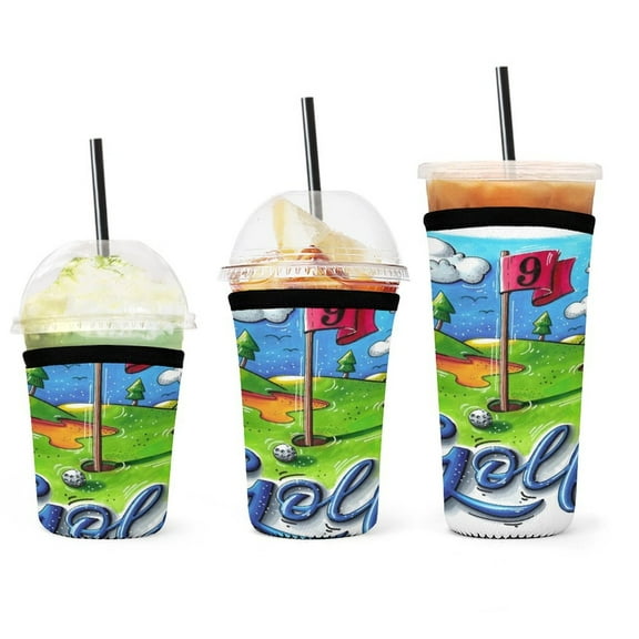 Set of 3 Packs Reusable Hot And Iced Coffee Cup Sleeve Neoprene Tumbler Sleeve Golf Course(16,24,32oz)