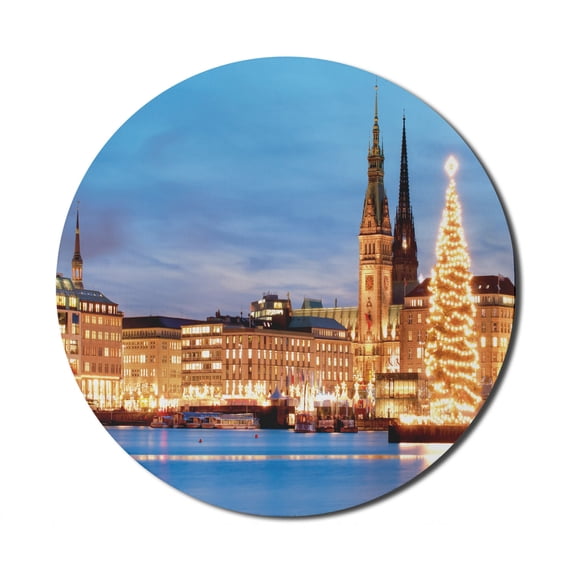 Winter Mouse Pad for Computers, Hamburg Germany Old Town Hall with Christmas Tree Historical Architecture, Round Non-Slip Thick Rubber Modern Mousepad, 8" Round, Blue Orange Brown, by Ambesonne