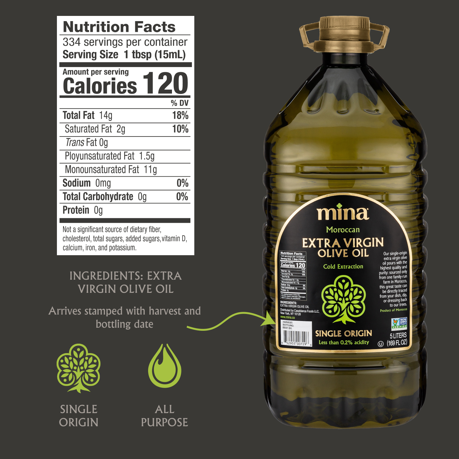 Mina Moroccan Extra Virgin Olive Oil, 169 fl oz, Cold Extracted, High Polyphenol, Single Origin also Great for Cooking