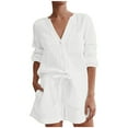thumbnail image 1 of ameIAEA Matching Lounge Sets for Women Long Sleeve Button Down Shirt Drawstring Shorts Set with Pockets, 1 of 5
