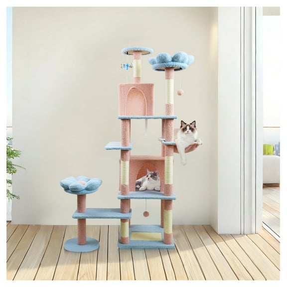 71" Flower Cat Tree, Large Condo & Hammock - Blue, Multi-Level Cat Tower for Big Cats