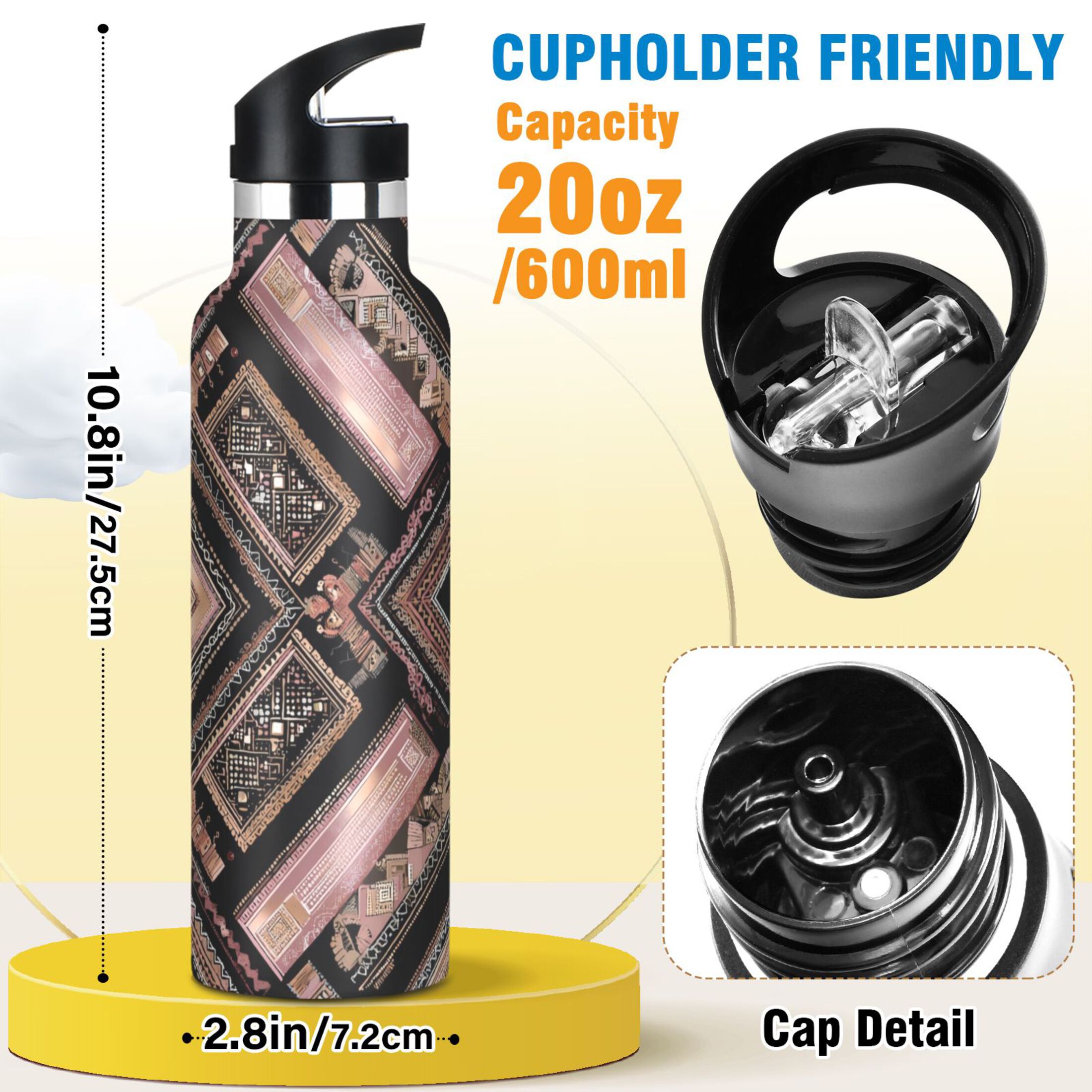 Kids Insulated Stainless Steel Sports Water Bottle 600ml (20oz) Retro Style Shape Pattern
