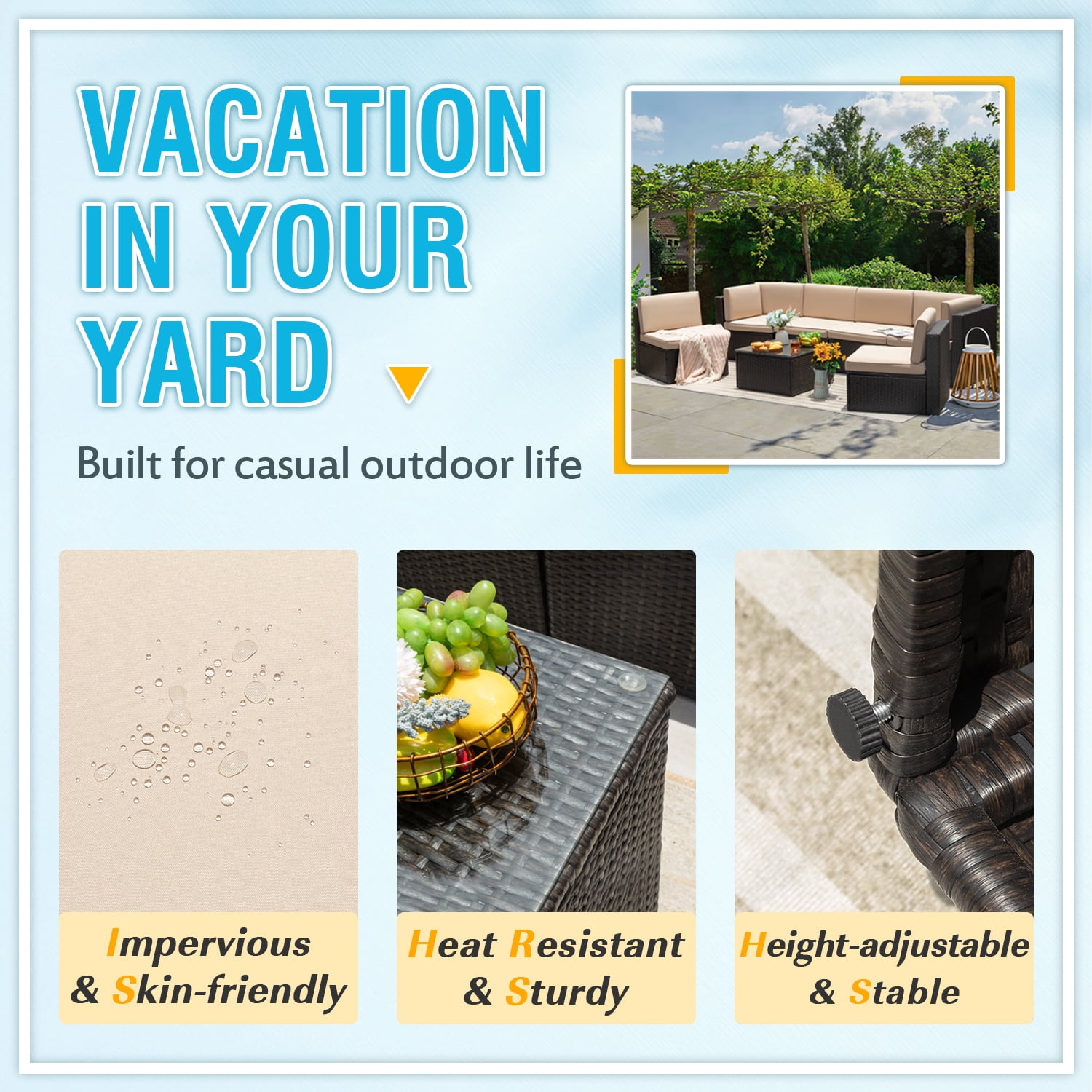 Devoko 7 Pieces Outdoor Sectional Sofa Patio Furniture Sets Manual Weaving Wicker with Cushion and Glass Table, Beige