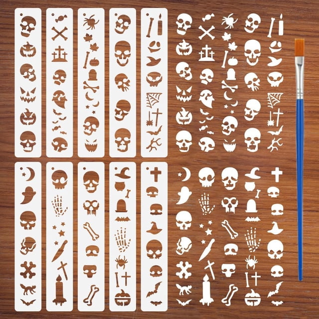 10 plantillas de elementos de terror para pintar con pincel, 2 x 11 pulgadas, reutilizables, con borde de fondo ahuecado, de plástico PET.