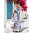 thumbnail image 4 of Blue And White Off-Shoulder Striped Maxi Dress With Lace Trim And Smocked Waist, 4 of 6
