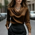 thumbnail image 2 of Women's Elegant Solid Satin Cowl Neck Blouse Long Sleeves Casual Business Dressy Shirts Office Work Ladies Top Brown 2XL, 2 of 5
