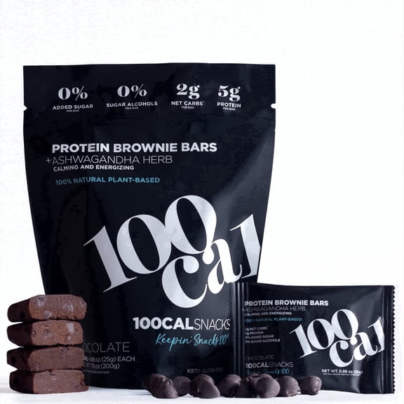 100 Cal Snacks Chocolate Brownie Protein Bars — Vegan, Keto, Zero Added Sugar, High Fiber, 100 Calorie, Gut Healthy, Gluten Free Snack Bars, 8 Count