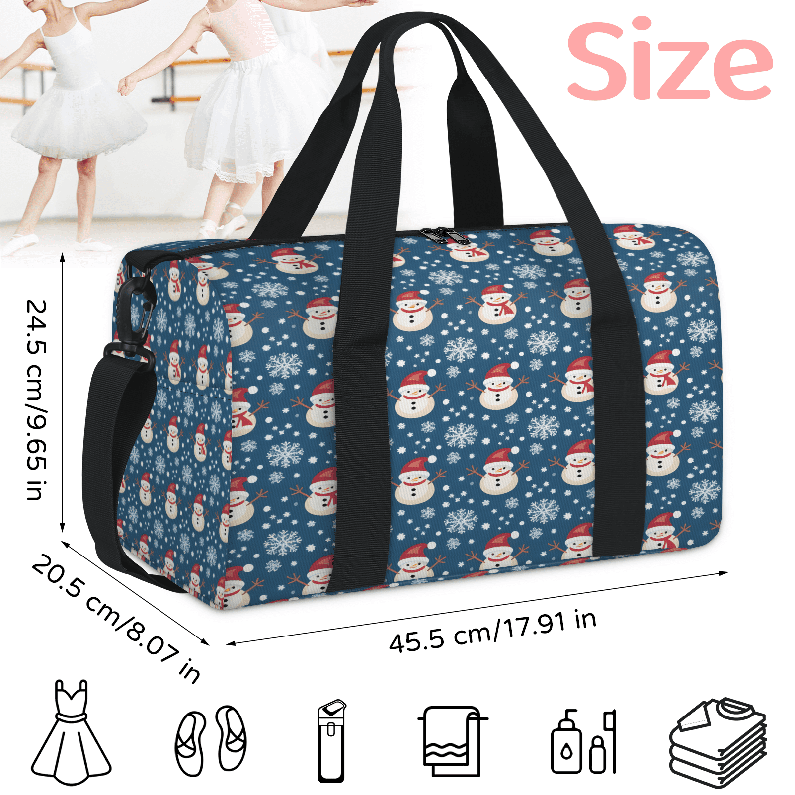 Herdesigns Christmas Snowman Gym Bag for Women, Duffle Bag for Travel Sport, Snowflake Lightweight Waterproof Carry on Weekender Dance Yoga Workout Bags