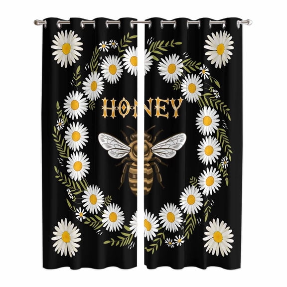 Black Daisy Bees Kitchen Curtains Window Panels, Spring Farmhouse Honey Floral Rings Insulated Window Treatment Curtain, Grommet Curtains for Bedroom/Living Room/Bathroom, 2 Piece 42"Wx84"L