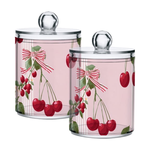 Pink Stripes Bowknots on Cherries Leaves Translucent Plastic Cans Storage Canisters with Lid Set of 2
