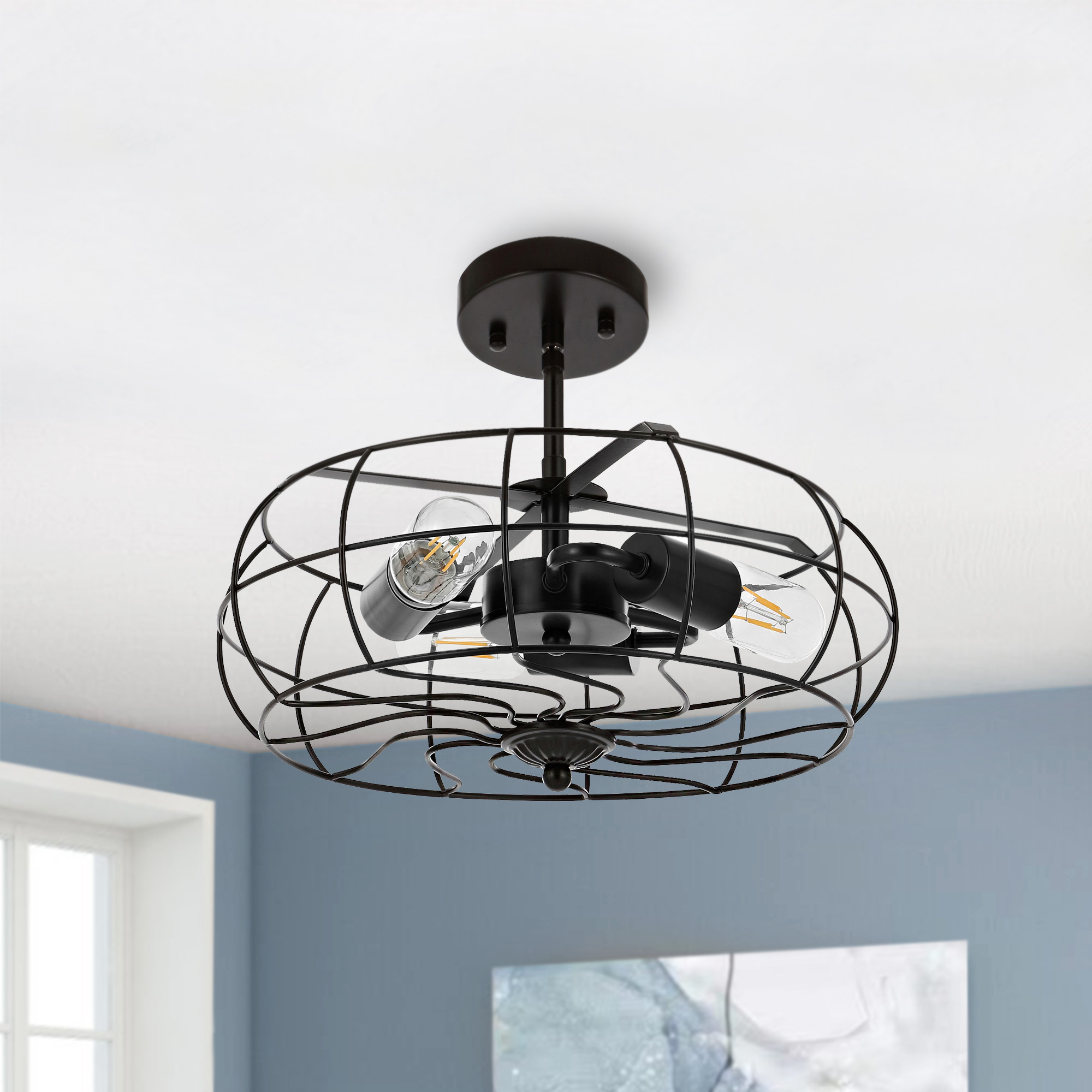 Farmhouse Semi Flush Mount Ceiling Light Fixtures, 3Lights Black