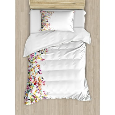 Music Duvet Cover Set Twin Size, Colorful Musical Notes with Frame Festival Singing Enjoyment Fashion Themed Print, Decorative 2 Piece Bedding Set with 1 Pillow Sham, Multicolor, by Ambesonne