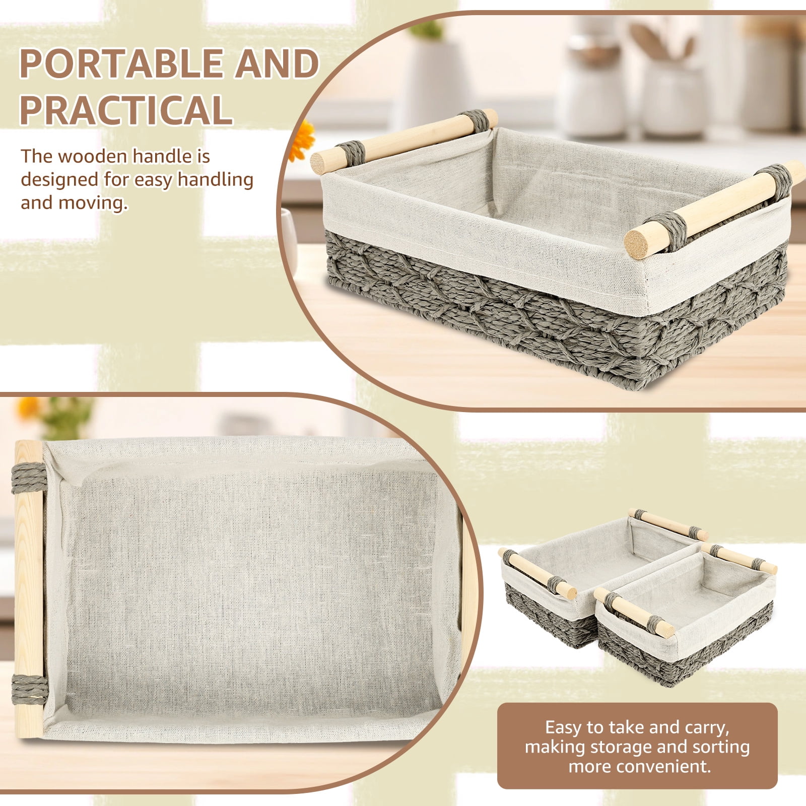 Dznils Wicker Toilet Paper Storage Basket with Handle, Bathroom Towel Organizer, Gray, Set of 2