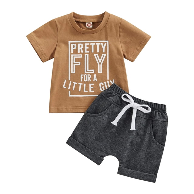 Qopobobo Boy Set Boys Letter Pattern Short Sleeve Solid Color Hanging Drawstring Shorts Two Piece Childrens Set Brown,6-12 Months