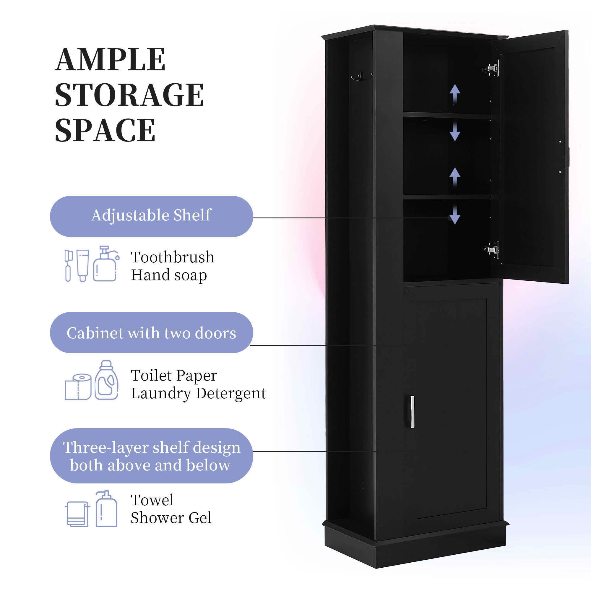 MAYEERTY Tall Bathroom Cabinet Freestanding Hook Adjustable Shelf MDF Black