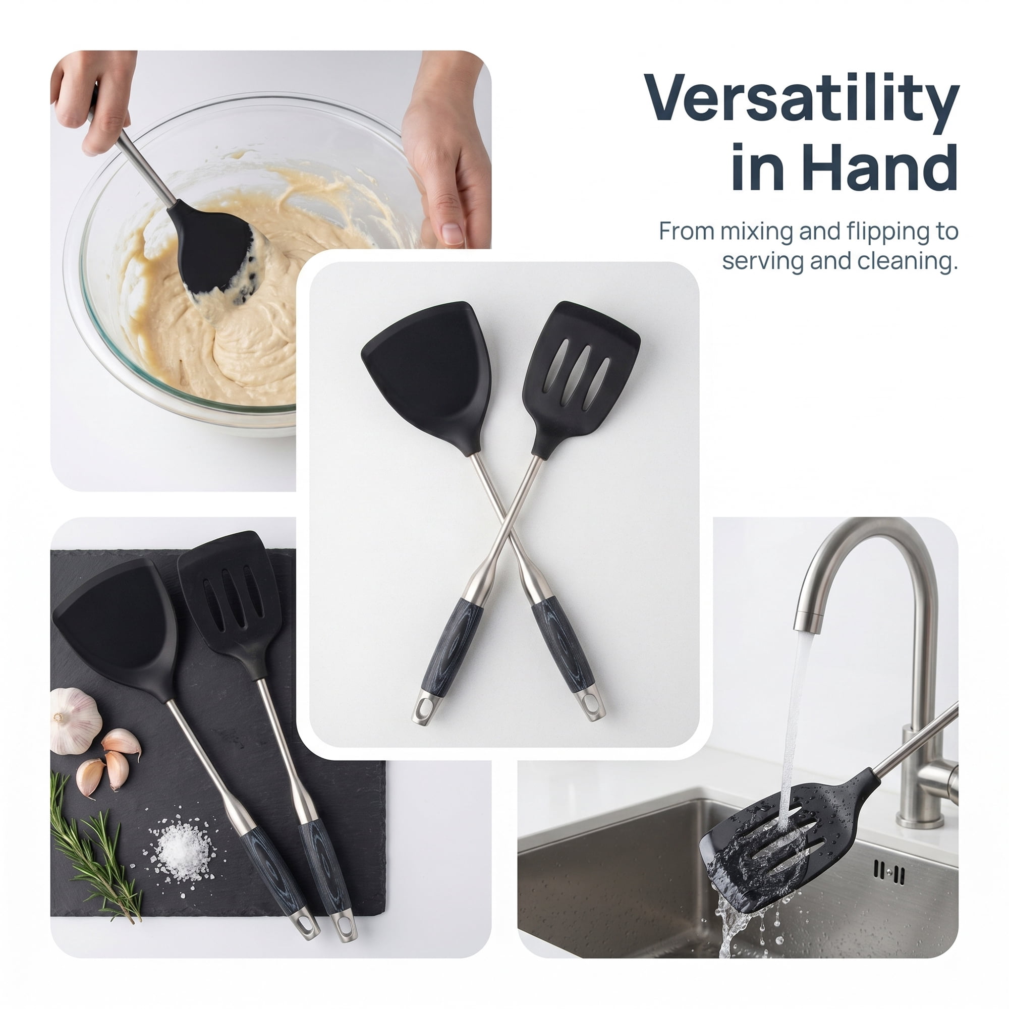 Unique Bargains Stainless Steel Two-tone Square Hole Kitchen Cooking Utensil Set Black-Silver B 2