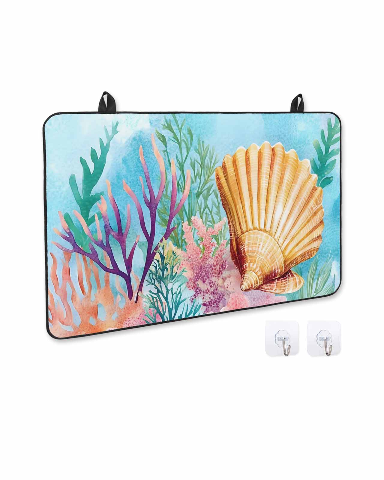 nqOlkjepod Large Induction Cooktop Protector Mat 24"x21", Summer Ocean Stove Top Covers for Electric Stove, Coastal Watercolor Shell Coral Decorative Stove Burner Cover Mats, Glass Top Stove Cover