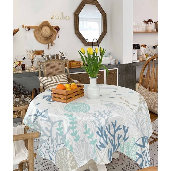 Coastal Tablecloth Square Table Cloth 54x54, Waterproof Tablecloth Outdoor Table Cloth, Turquoise Blue Turtle Starfish Coral Jellyfish Washable Table Cover for Kitchen Dining Party