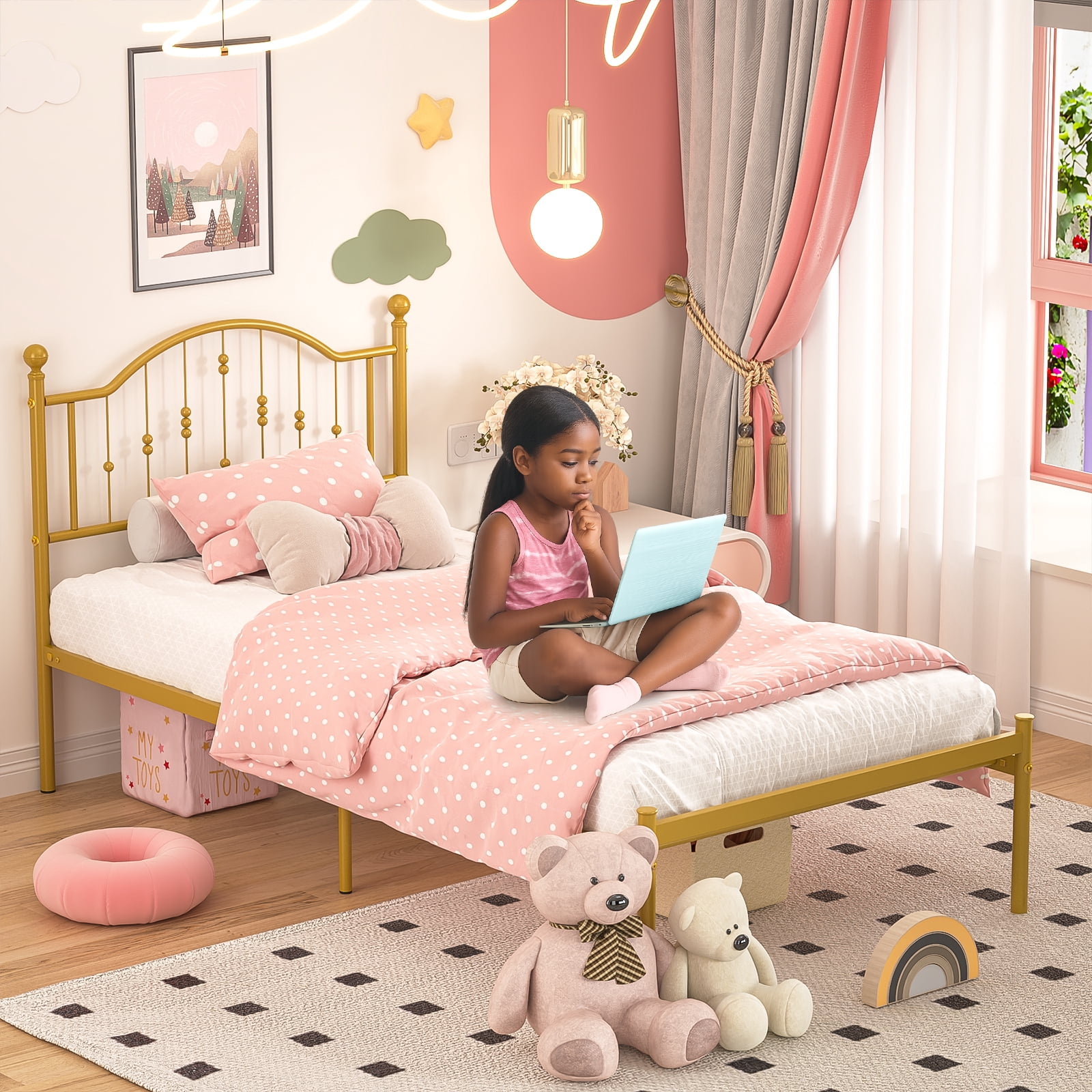 Yoneston Kids Twin Metal Platform Bed Frame with Vintage Headboard No Box Spring Need for Kids Teens, Antique Gold
